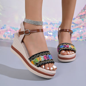 [Free Shipping] WomenS Wedge Heel Sandals 2026 Summer New Collection Plus-Size Color-Blocked Open-Toe Slip-On Sandals