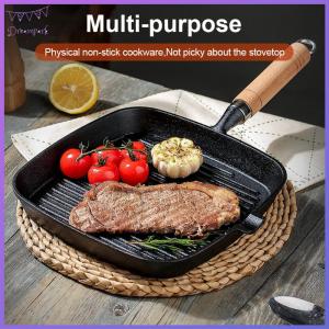 Cast Iron 7.4/9.1/9.25 Inch Steak Grill Pan Non-Stick Square Skillet with Wooden Handle for Indoor & Outdoor Grilling