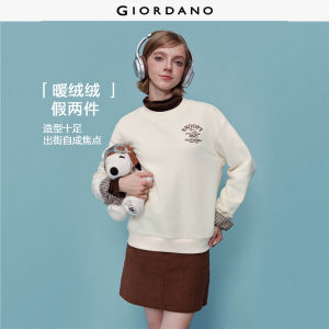 Giordano Women Snoopy Co-Branded Fleece-Lined Fake Two-Piece Knitted Pullover with Crew Neck Free Shipping 18325705
