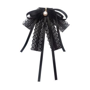 DJDK Pearl Black Ribbon Pin Bowknot Tie Shirt Black Bow Brooch Pin Simple Black Plaid Lace Ribbon Badge Brooch Women