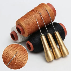 4Pcs Wooden Handle Sewing Awl Stainless Steel Hand Stitching Punch Sewing Needle Hook Tool with Line