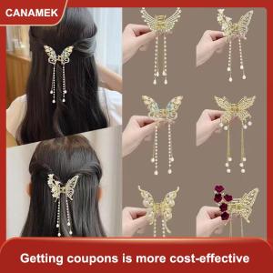 【CANAMEK】 Tinh tế Rhinestone bướm tua tóc Claw Clip Hàn Quốc mới ponytail Braid ngọc trai Kẹp Tóc Cô Gái cua kim loại mũ Quà Tặng