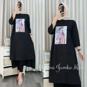 Midi Dress Jumbo Wanita Kekinian Hanna Midi Kaos Katun Combed 24s Long Tunik Bahan Adem Ootd Casual