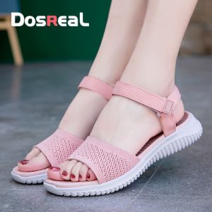 DosReaL รองเท้าแตะส้นเตี้ยสำหรับผู้หญิงรองเท้าแตะเวลโครรองเท้าตาข่ายระบายอากาศได้ดีรองเท้าแตะชายหาดน้ำหนักเบารองเท้าแตะสำหรับเดินสไตล์เกาหลีมีระดับ