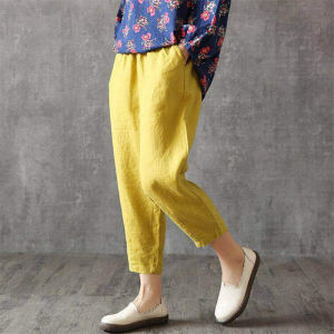 Womens Korean Style Solid Color Cotton Linen Office Pants Fashion Nine-Point Casual Harem Trousers Loose Slimming Modified Leg-Shaped Pants M 3XL