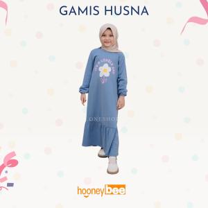 Hooneybee Husna Biru - Gamis Anak Perempuan - [ Size 2-10 Th] Baju Muslim Cewek