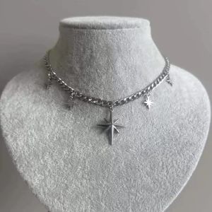 LETIGO Silver Color Choker Necklace Metal Splicing Cross Star Design Pendant Necklace Trendy Y2K Style Jewelry Accessor for Men and Women