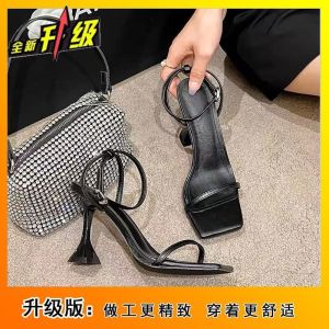 [Free Shipping] Square-Toe Chunky-Heel High-Heeled Sandals Wine Glass Heel New Summer Style Black Single-Strap High Heels For Women