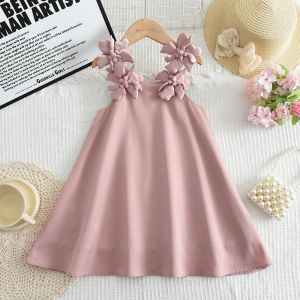 Gấu lãnh đạo bé gái Đầm công chúa mùa hè mới 3D hoa strpes Váy tiệc sinh nhật màu hồng 2 đến 7 năm Bộ đồ trắng cưới thời trang quần áo trẻ em