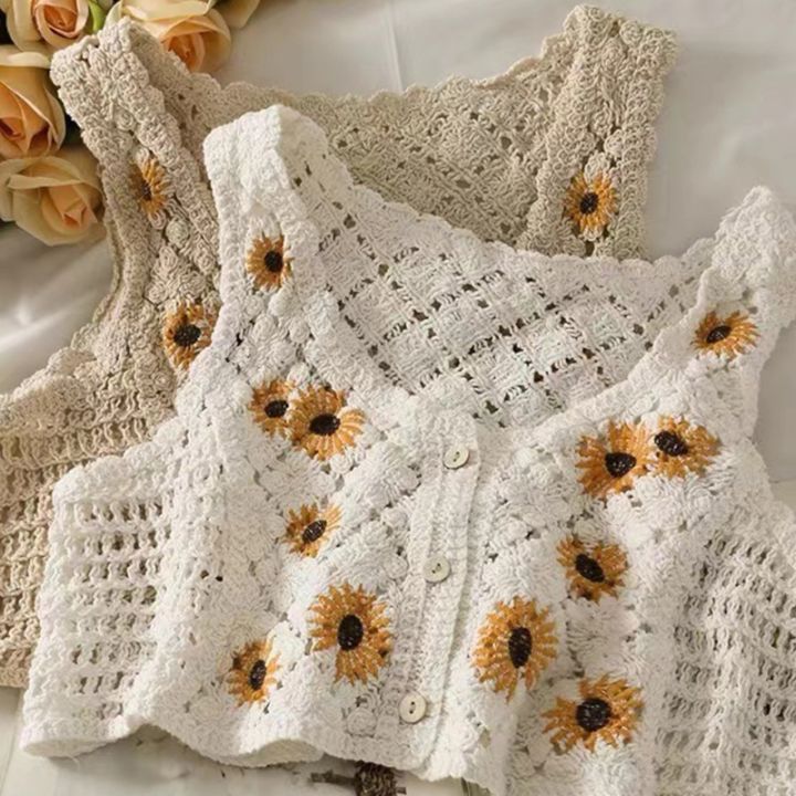 Women French Style Vintage Crochet Knit Vest Waistcoat Sweet Daisy Flower  Embroidery Sleeveless Cardigan Jacket V-Neck Button Crop Top Lazada PH
