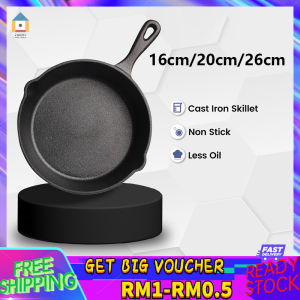【Malaysia Spot Sale】Premium Pre-Seasoned Pure Cast Iron Skillet Round Non Stick Frying Pan Grill Pan Uncoated Chemical Free No-Coating Durable Outdoor Camping Cookware