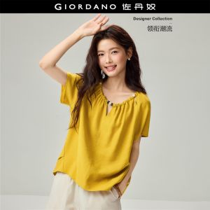 Giordano Women Beaded keyholes round neck short sleeve blouse Free Shipping 18346819