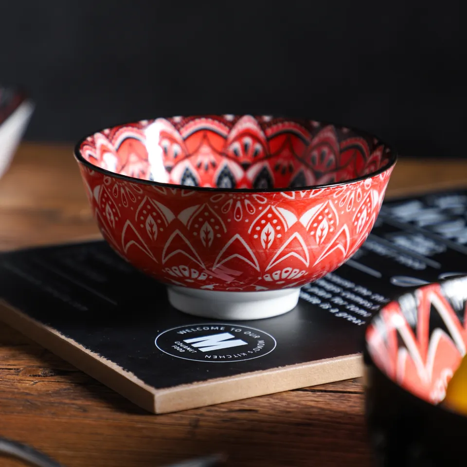 VISHINE Design A Moroccan Red/Black Vintage Ceramic Dinner/Dessert Plate  Serving Tableware Saucer Rice Bowl