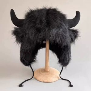 YOUSHI TOP Fur Trim Ox Horn Hat Solid Color Thickened Lei Feng Cap Vintage Thermal Winter Pullover Cap Winter