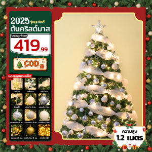 🎄ชุดตกแต่งครบ🎄ต้นคริสต์มาส Christmas Tree PE+PVC หนาแน่น กันน้ำ ทนทานนาน10ปี โครงเหล็กแข็งแรง ฐานเหล็ก 120/150/180/210 ซม. โทนขาว-เงิน ไฟ LED อุ่น ลูกบอลเงิน ริบบิ้นขาว ดาวยอด  ส่งใน24ชม.