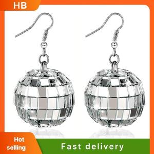 HB 1 Pair 70s Silver Color Shiny Disco Ball Dangle Earrings for Women Cool Fashion Jewelry Retro Round Drop Earrings