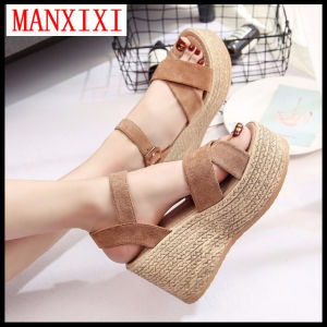MANXIXI Brand Korean Version Fashion Wedge Shoes High Heels Beautiful Suede Thick Bottom 3.94 Inches Sandals For Women (35-40 Size)