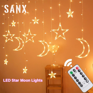 SANX 3.5M LED Curtain String Light Star Moon Lighting String Twinkle Window Lights 8 Modes Waterproof Fairy Lights For Wedding Holiday Ramadan Party Decorations