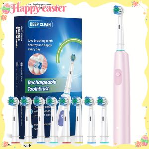 【Original 】Electric Toothbrush with USB Charging 5 Speed Modes & Tartar Cleaning - Electric Rotating Brush Head 1 Main Body + 8 Replacement Heads (Pink/Blue/Green) - for Deep Cleaning Plaque Removal Gum Health - Ideal Dental Care Gift for Adults Fath