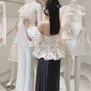 áo nữ trễ vai hoa nhí có ảnh video thật-áo croptop tay bồng tiểu thư Hn69