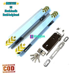 paket 2buah gagang handle pintu rumah dan lock body kunci untuk pintu depan dan kamar model daun pintu 1