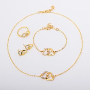 4PCS/SET Double-heart Shaped Jewelry Sets of Ring Earrings Necklace Bracelet Elegance Rhinestone Jewelry Set