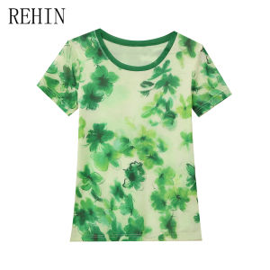 REHIN Summer fashion mesh printed positioning flower short-sleeved T-shirt round neck slimming S-3XL trendy womens top