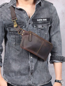 NUPUGOO Genuine Leather Mens Waist Bag Vintage Crossbody Chest Bag Fashion Biker Bag Daily Commuter Bag