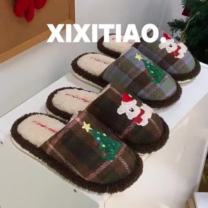 WY-XIXITIAO Bedroom Fun Embroidered Puppy Womens Cotton Slippers Retro Plaid Home Warm Creative Christmas Tree Furry Shoes Winter