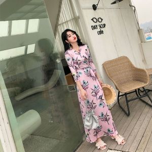 NUNA Women Floral Maxi Dress Lace-up Slim Bohemian Wrap Long Dress Casual