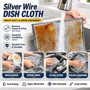 [SG STOCK] Silver Wire Dish Cloth Non Scratch Reusable Kitchen Scrubber Grease Cleaning Cloth for Pots Pans Sink