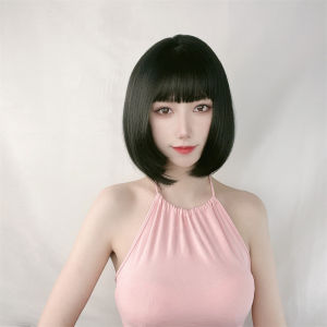 Wig womens black bobo head shoulder length short hair full hood one size fits all bangs whole top