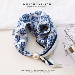 ZYJC Thoáng khí Khăn lụa Khóa ngọc trai Đã in Khăn quàng cổ Thanh lịch Mềm mại Khăn quàng cổ có khóa từ Phụ kiện dành cho nữ