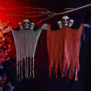 YOUSHI TOP Sáng Tạo Hộp sọ Ma treo Halloween Hài Hước Vải  dây chuyền Halloween Trang trí không khí Nhân tạo Đồ trang trí hộp sọ ma 3 đầu Đạo cụ