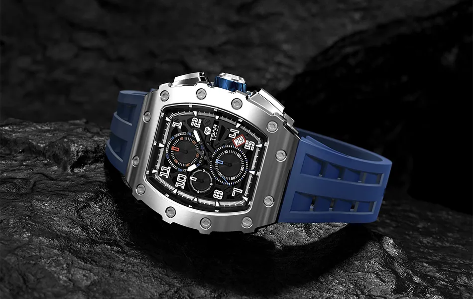 [op038] TSAR BOMBA Watches for Men Stylish Tonneau Wristwatch Sapphire  Glass Dial Chronograph Quartz Clock Wristwatch Montre Homme