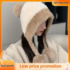 ✨QK shop✨ Fluffy Plush Women Beanie Cap Winter Warm Big Pompom Knitted Ear Protection Hat Windproof Snow Ski Female Earmuffs Caps