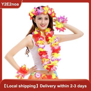 【Y2E2noa】 4Pcs set Hawaiian Flower Leis Garland Necklace Wreath Petal Headband Bracelet Beach Party Decor Wedding Dressing Accessories