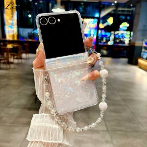 Luxury Shell Pattern Beads Bracelet Case for Samsung Galaxy Z Flip 7 6 5 8 flip 3 4 zflip7 Hand Wrist Chain Acrylic Hard Cover