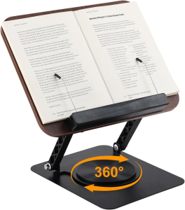 360° Rotating Book Stand Adjustable Foldable Book Holder with Elastic Page Clips Wooden & Aluminum Reading Stand for Cookbook Recipe Magazine Tablet Laptop Hands Free Reading