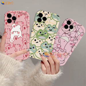 (Lokal Ready) Casesummer Casing hp iPhone 11 12 14 13 12 Pro Max XR 7Plus iPhone 15 Pro Max X XS Max 6s 7 8 6 Plus SE 2020 Lucu Pasangan Kesing Kartun Babi Kelinci Frog 3D Wavy Curved Edge Case
