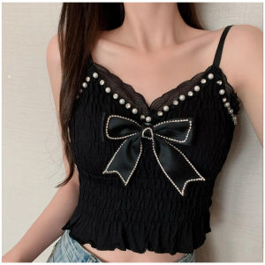 Cẩn thận máy nơ ngắn đính cườm tai gỗ yếm nữ ngực xếp ly áo vest nhỏ mặc lưng đẹp quần lót