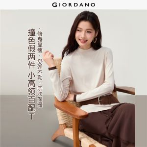 GIORDANO Women T-Shirts Fake Two-Piece Contrast Knit Tee Mock Neck Long Sleeve Fashionable Casual T-Shirts 13326626