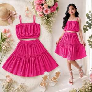 Jer Jen Nancy Plain Fashionable Strappy Crop Top & Trendy Ruffle Layered Skirt Terno for Kids Ages 7-12 Stretchable Bark Crepe Fabric Unique Stylish Design Comfortable Wear