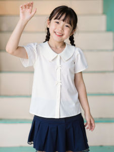 Áo Sơ Mi Cộc Tay Bé Gái Riomio Vải Đũi 3M Mềm Mát Thiết Kế Cổ Ren Thêu Trắng Size 6/7–10/11 (25–42kg) RAG1203