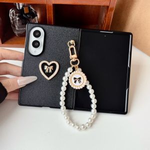 Designed for Galaxy z fold 8 ultra 8/7/6/5 Case with Strap Cute Bowknot Heart Design Detachable Pearl Hand Chain Lanyard Slim Shockproof Hard PC Leather Cover for Girls Women White