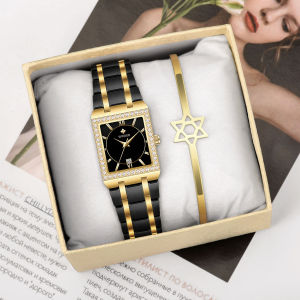 WWOOR Top Luxury Men Wristwatch Fashion Square Male Gold Black Casual Watches Japanese Quartz Watch Stainless Steel Bracelet With Calendar