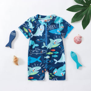 New Baby and Toddler Swimsuit Cartoon Shark Print Zipper Sports Swimsuit Short Sleeve Romper