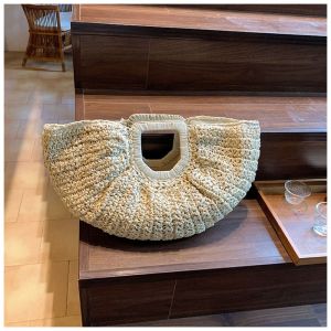 CRNGW Large Capacity Lafite Straw Bag Half Moon Handmade Grass Woven Bag Leisure Seaside Pack Weave Tote Bag Girls