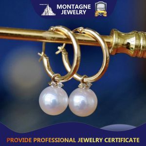Montagne Jewelry 18k Pure Gold Earring Diamond Inset Design Fine Jewellery Natural 7.5-8mm Akoya Pearl Earring Drop Earrings
