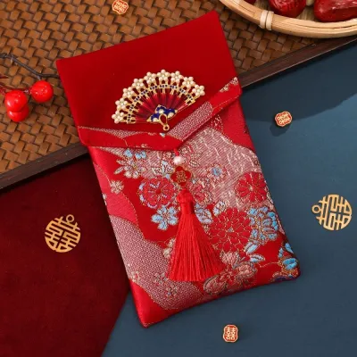 Brocade Cloth Brocade Red Envelope Tassel New Year Blessing Words Cloth Money Pocket Chinese Style Embroidery New Year Money Bag Chinese Wedding